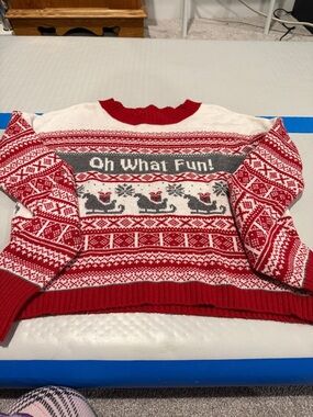 Red & White Holiday Cropped  Knit Sweater with 'Oh What Fun!'